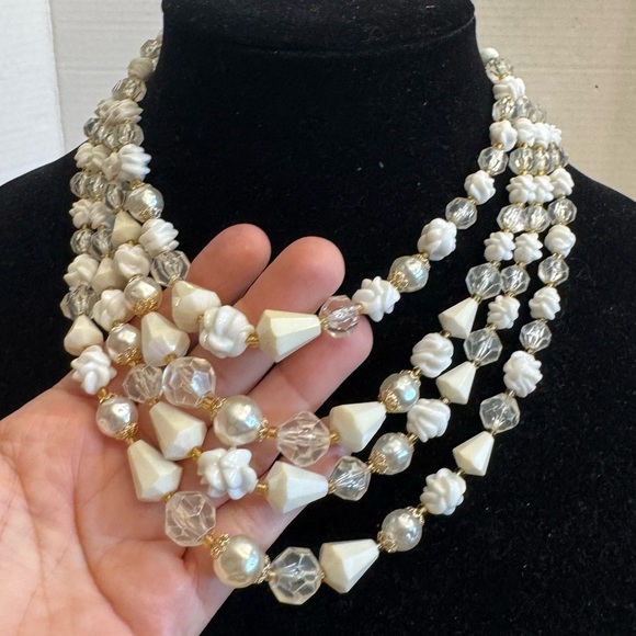 Jewelry - Vintage West Germany Multifaceted Four Strand Lucite Beads Faux Pearl Necklace
